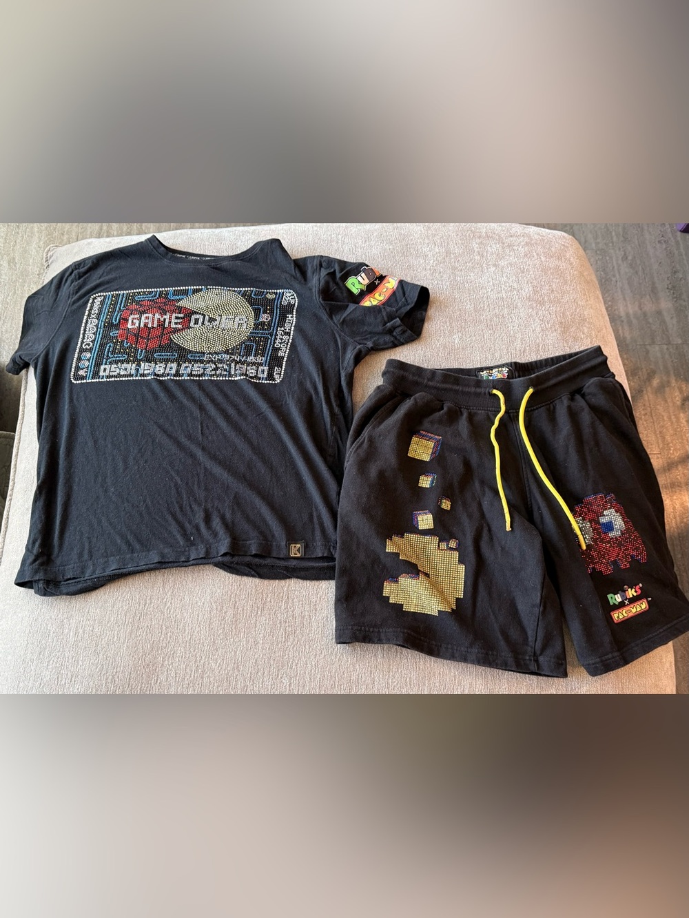 Dexryptic Men’s Black Pixel Game-Print Tee and Shorts Set with Yellow Drawstring